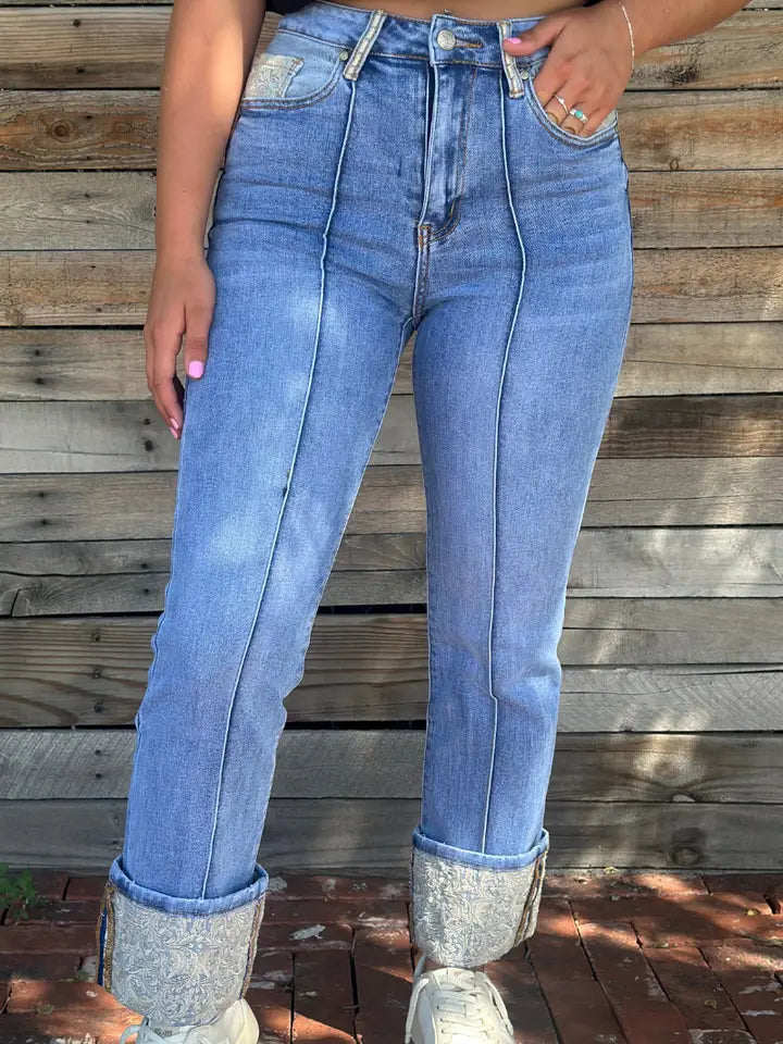 Kreek Embroidered Cuffed Jeans