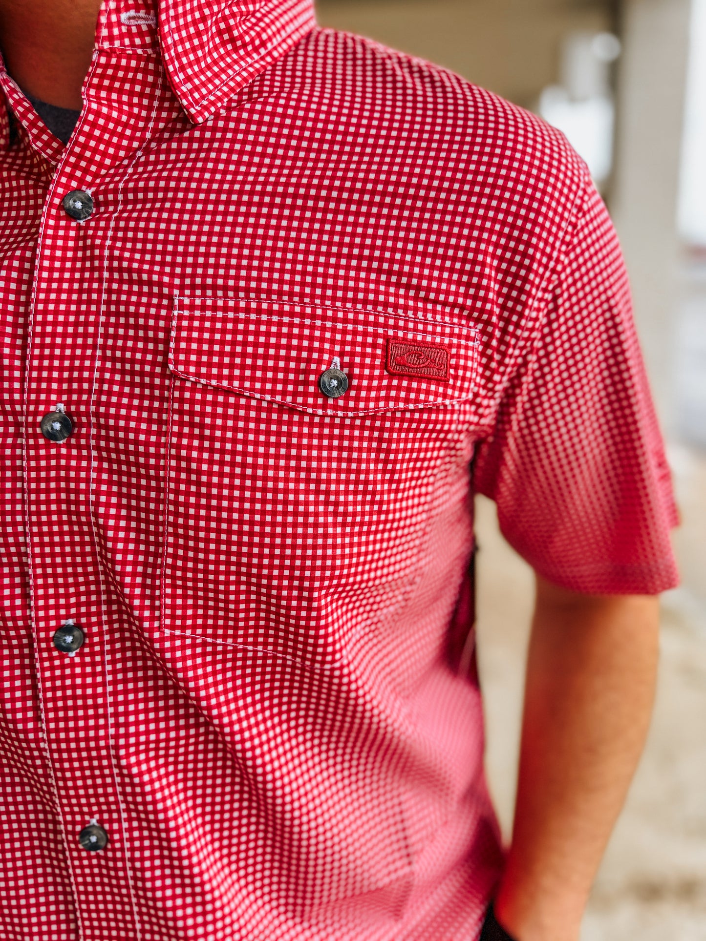 Drake Frat Gingham Check Short Sleeve Shirt- Chili Pepper Red