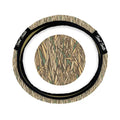 Grey and white camo print steering wheel cover with black trim