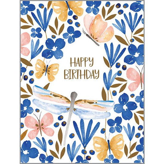 Birthday Greeting Card - Wings and Blue Flowers