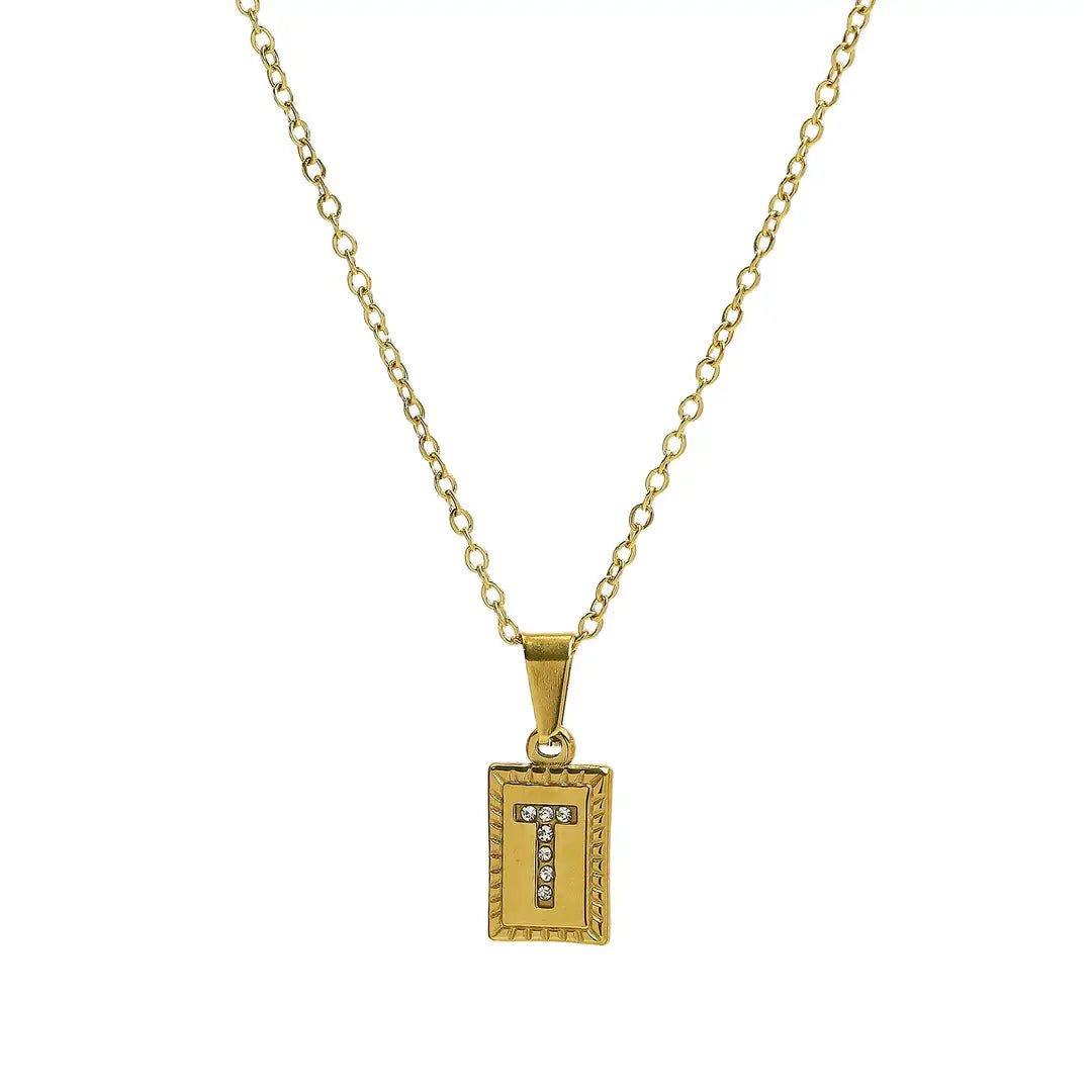 Waterproof Initial Gold CZ Tag Necklace - 26 Letters