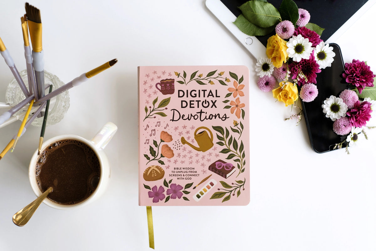 Digital Detox Devotions, closed book beside coffee and flowers