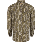 Drake 8 Shot Flyweight long-sleeve shirt in Bottomland camo, back view with vented yoke