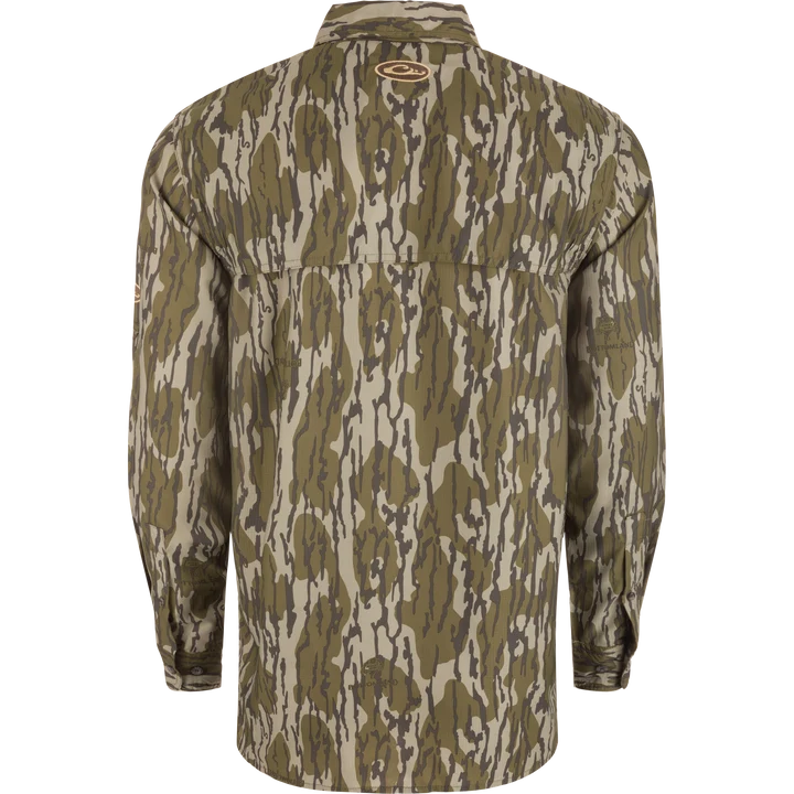 Drake 8 Shot Flyweight long-sleeve shirt in Bottomland camo, back view with vented yoke
