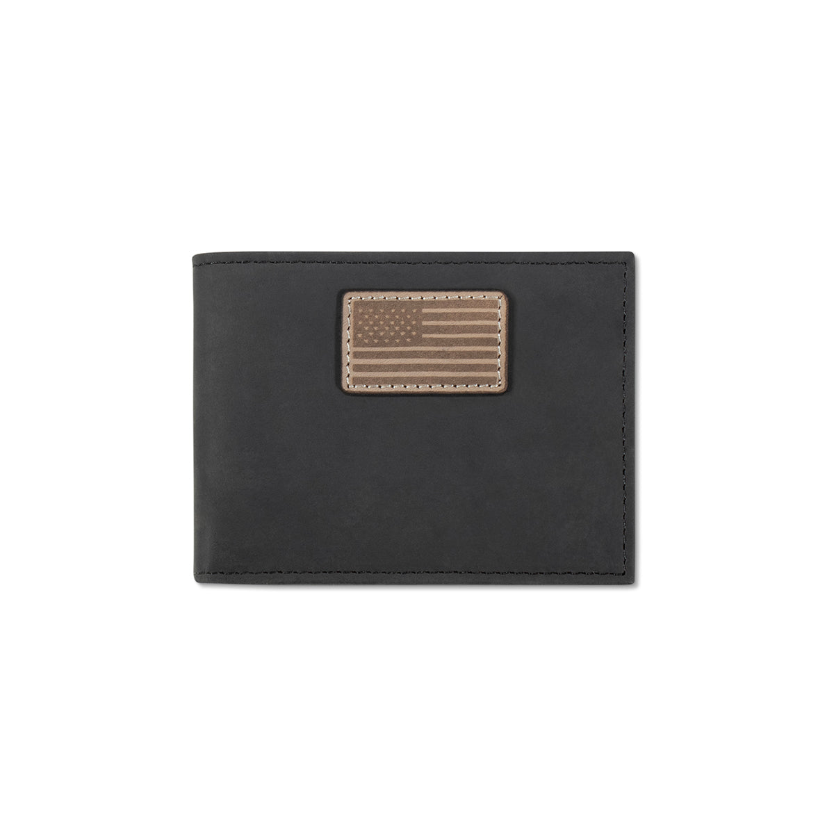 A black leather bifold wallet featuring a rectangular tan leather patch with an embossed American flag design, shown against a plain white background.
