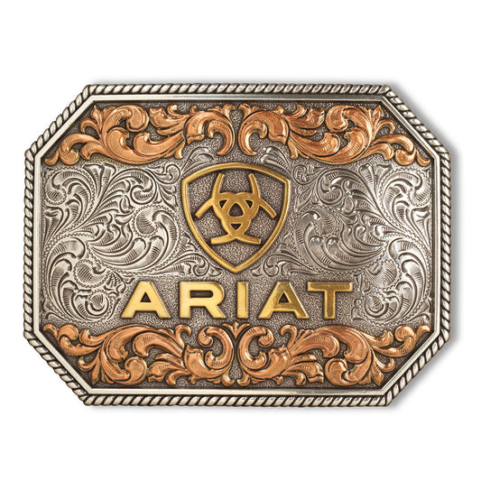 Ariat Rectangle Raised Logo Antique Silver & Gold Belt Buckle