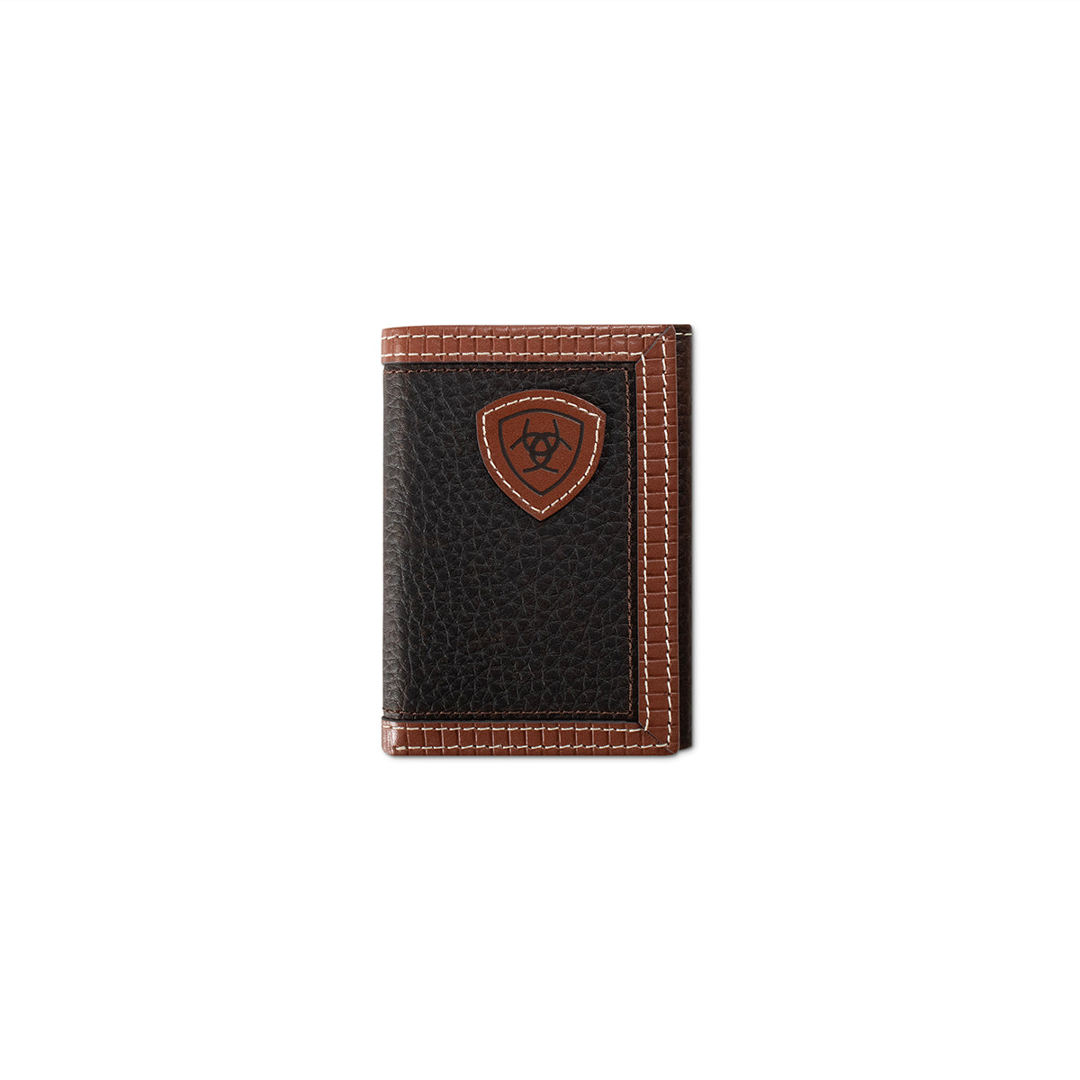 Black wallet with brown border and logo on a white background