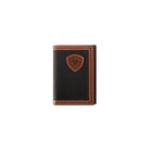 Black wallet with brown border and logo on a white background