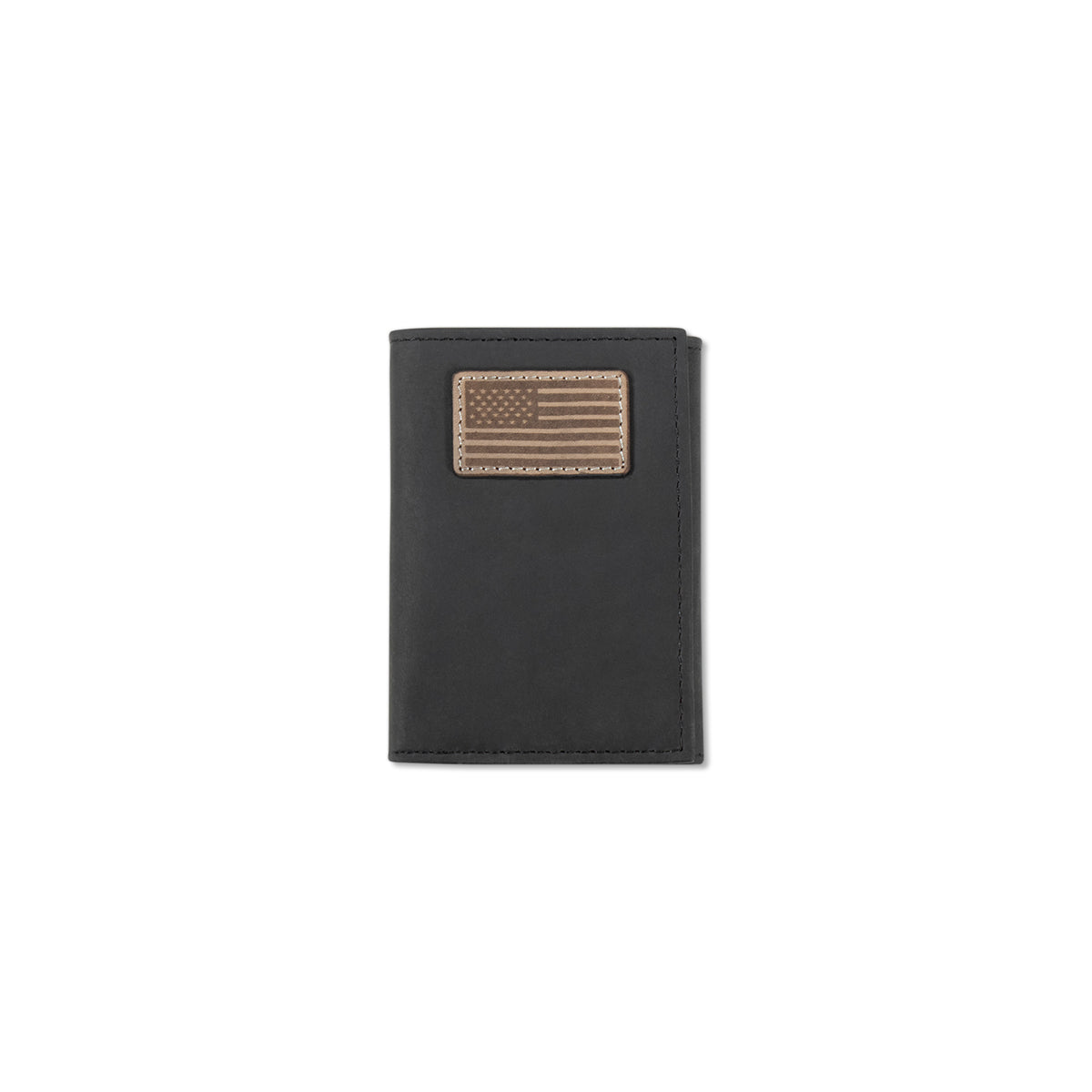 A black leather wallet with a rectangular tan leather American flag patch on the front, shown against a plain white background.