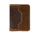 3D men's brown bifold flip wallet, front with tooled floral leather and longhorn overlay