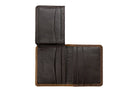 3D men's brown bifold flip wallet, open showing card slots and flip-up ID panel