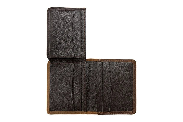 3D men's brown bifold flip wallet, open showing card slots and flip-up ID panel
