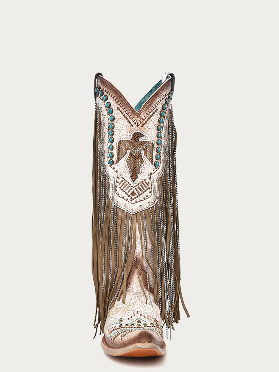 Beige Embroidered Eagle With Lamb & Crystal Fringe Cowboy Boot