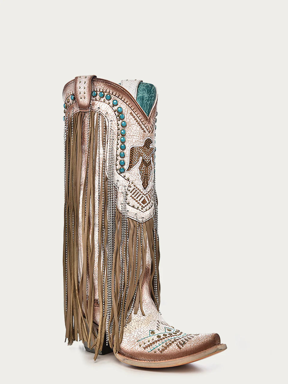 Beige Embroidered Eagle With Lamb & Crystal Fringe Cowboy Boot