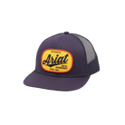 Ariat men's navy mesh-back snapback hat with yellow and red oval Ariat patch, front angle view