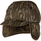 Drake Down hat in Bottomland camo with ear flaps down, side angle view