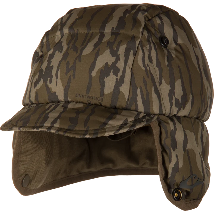 Drake Down hat in Bottomland camo with ear flaps down, side angle view