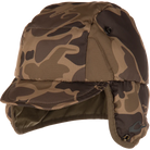 Drake Down hat in brown old-school camo with ear flaps down, side angle view