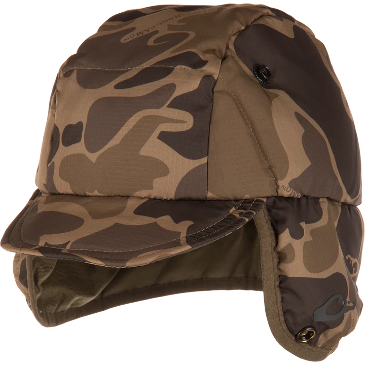 Drake Down hat in brown old-school camo with ear flaps down, side angle view