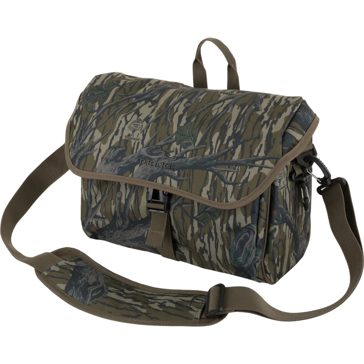 Drake Hardline blind bag in a darker camo pattern with shoulder strap, front angle view