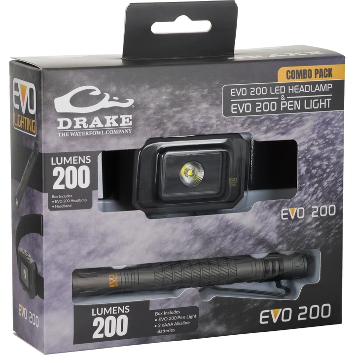 Drake EVO 200 headlamp and pen light combo pack, front of box