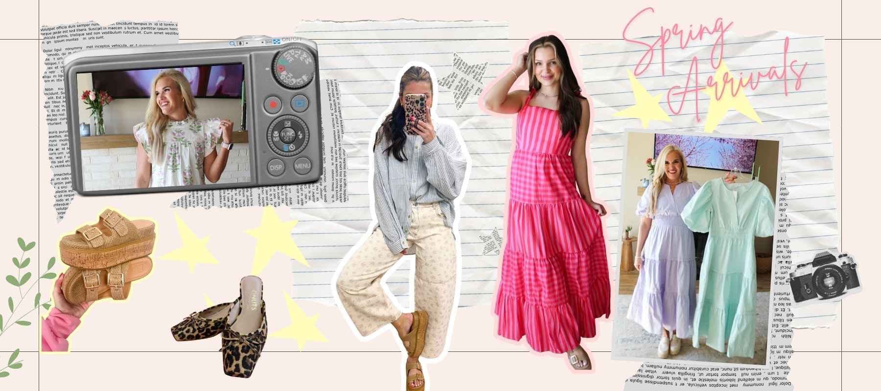 Collage of women in various outfits with a camera and 'Spring Arrivals' text.