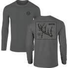 Drake Non-Typical antler long sleeve tee in graphite heather, front and back with whitetail antler graphic