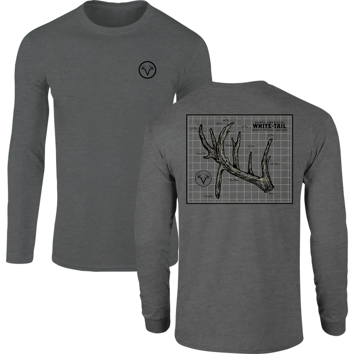 Drake Non-Typical antler long sleeve tee in graphite heather, front and back with whitetail antler graphic
