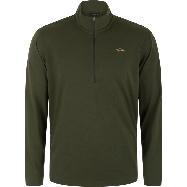 Drake men's tri-blend Over Under quarter zip pullover in Forest Night Olive, front