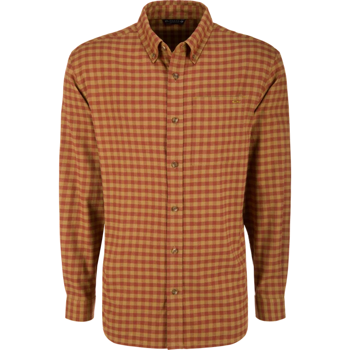 Drake men's Autumn flannel shirt in burnt red and tan check, front view