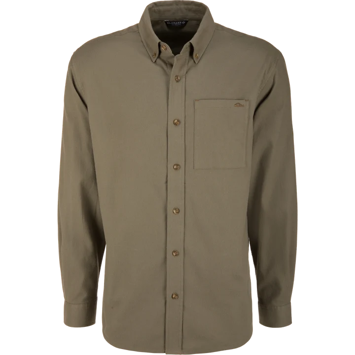 Drake men's Autumn flannel shirt in solid deep lichen green, front view