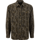 Drake men's Legacy flannel shirt in Bottomland camo, front view
