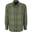 Drake men's Legacy flannel shirt in green and tan plaid, front view