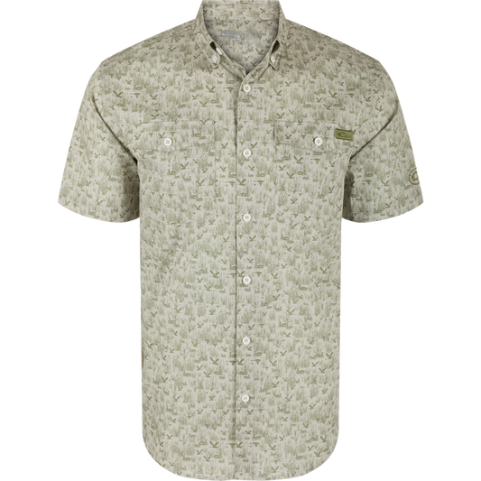 Men's Cotton Marsh Print Short Sleeve Shirt- Timber Wolf & Burnt Olive