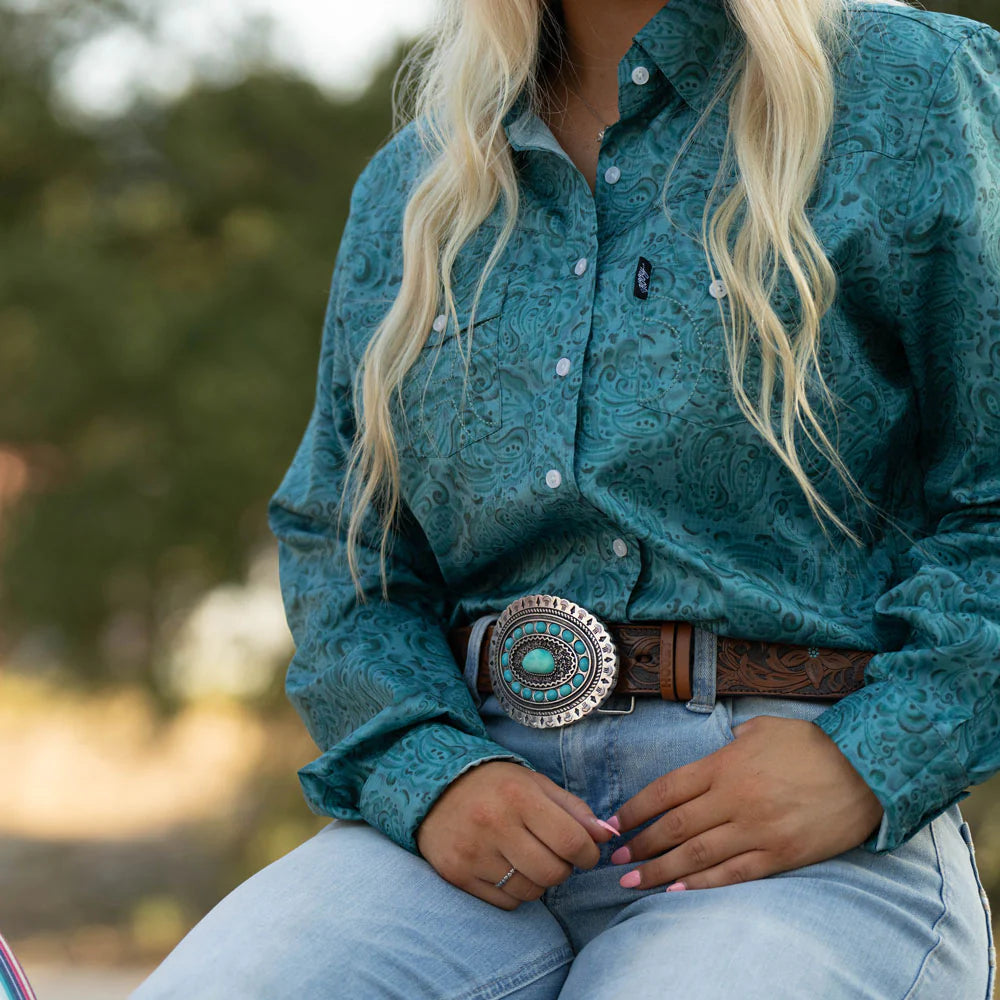 Hooey Ladies Medina Classic Belt Brown/Turquoise With Turquoise Rodeo Buckle