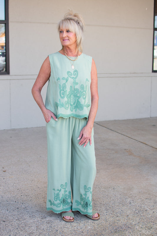 Set The Stage Sage Green Embroidered Pants