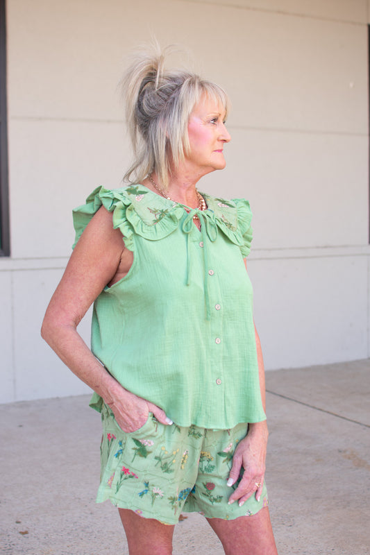 Living Miracle Sage Green Embroidered Floral Top