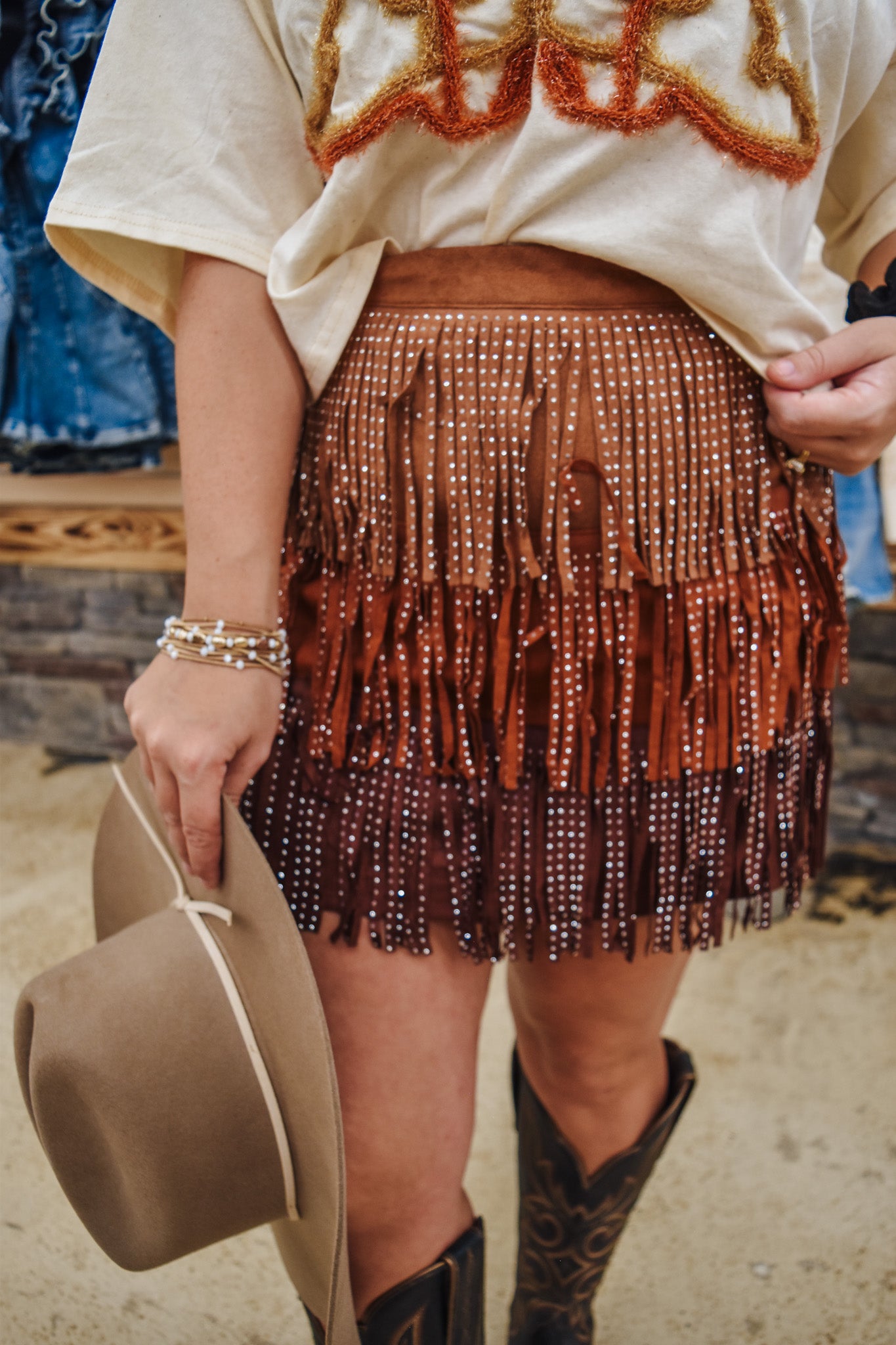 Dance All Night Fringe Brown Brick Skirt