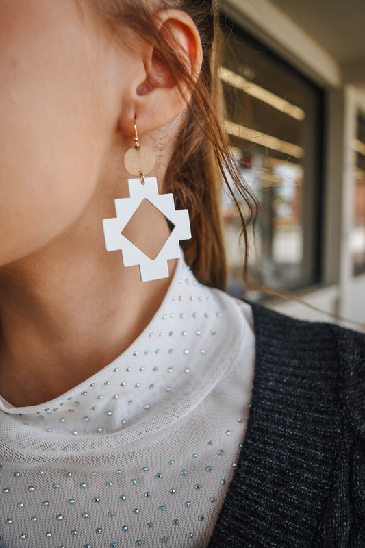 White Color Coated Metal Aztec Printed 2" Earring