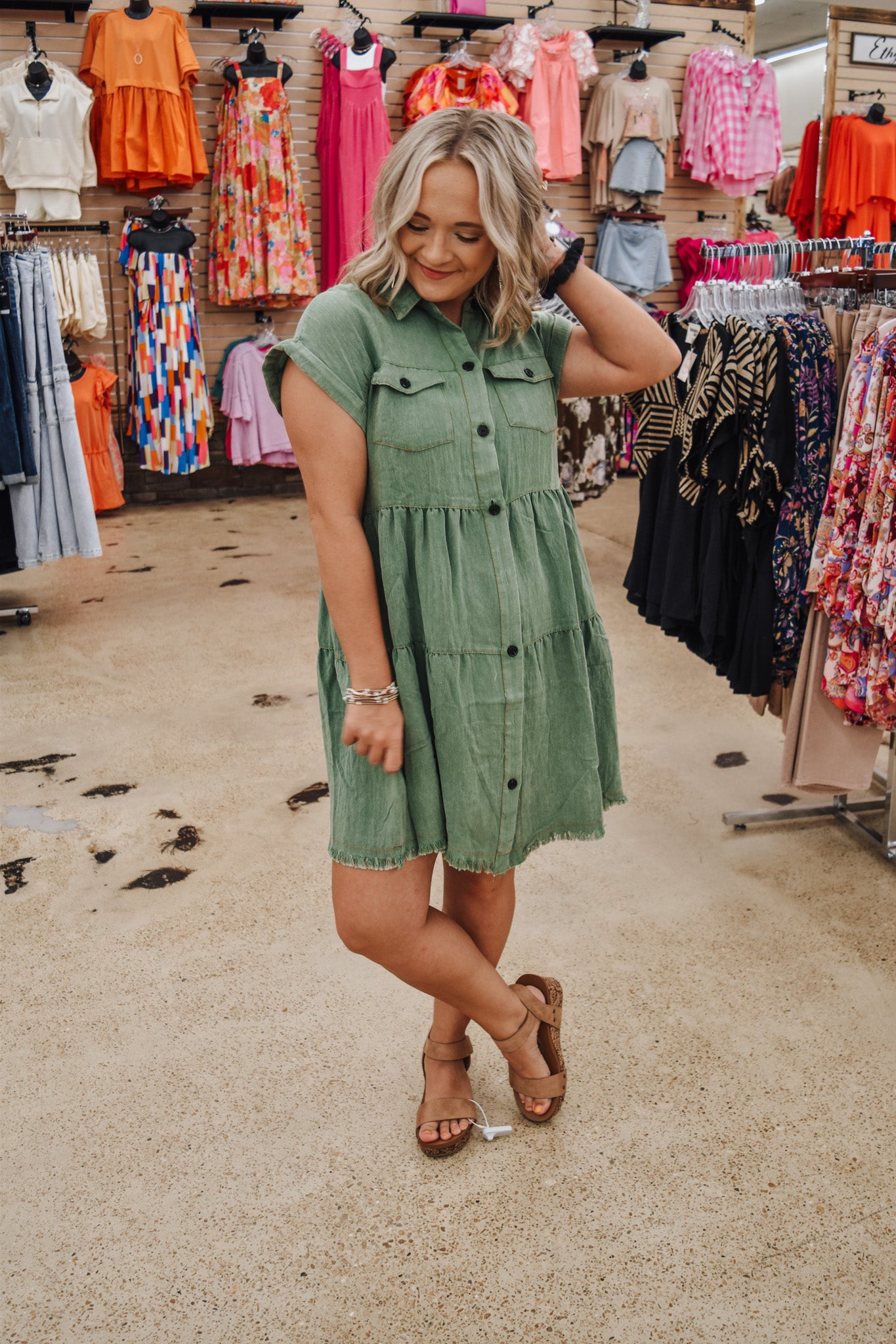 Learn To Fly Sage Green Button Down Dress