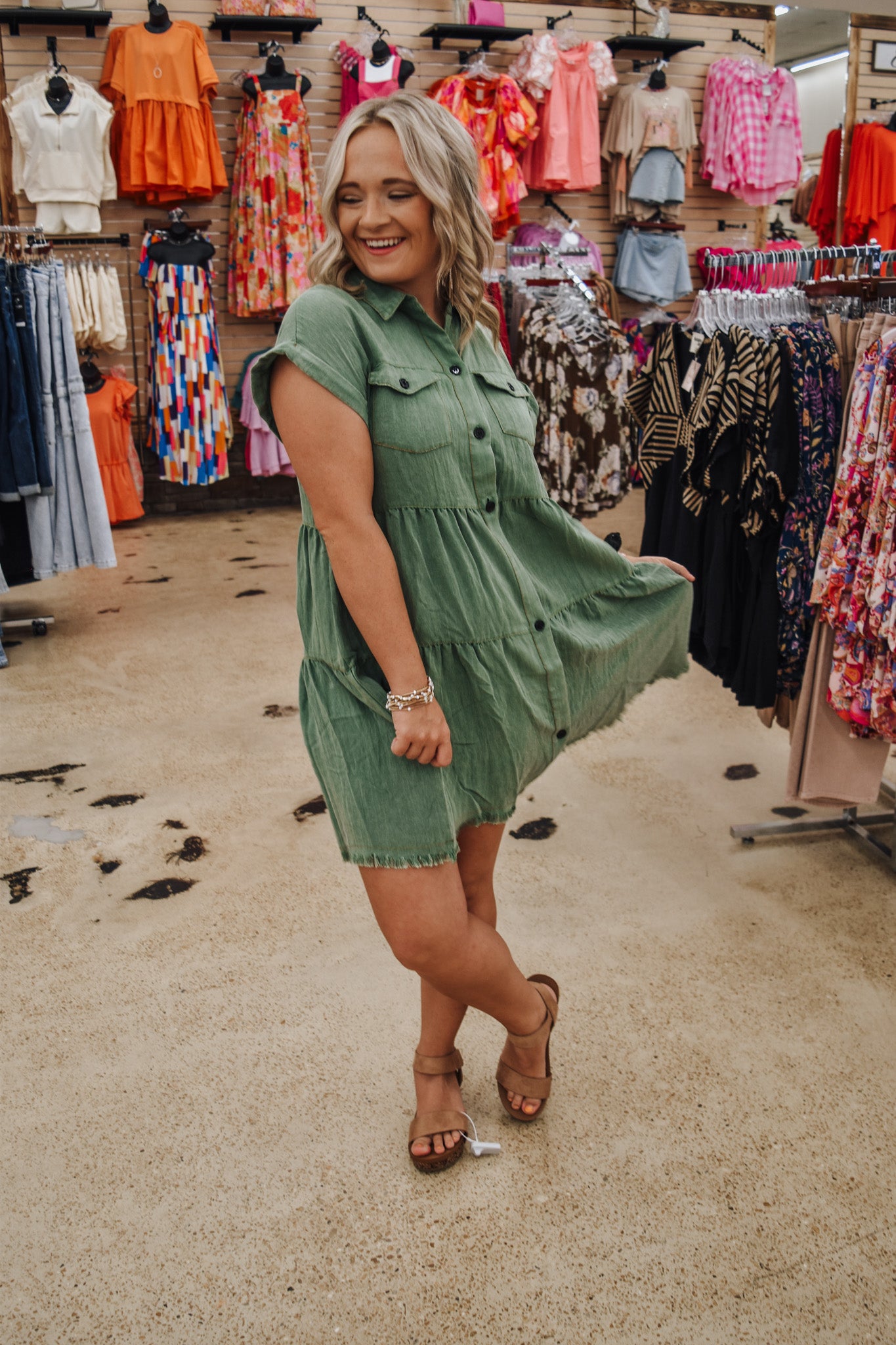 Learn To Fly Sage Green Button Down Dress