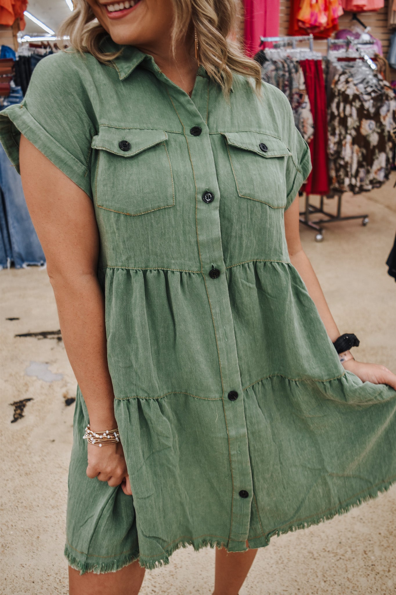 Learn To Fly Sage Green Button Down Dress