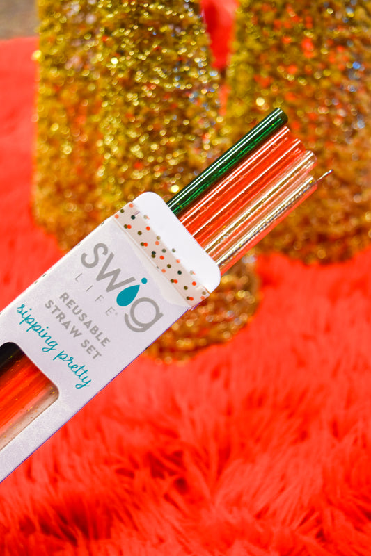 Christmas Glitter Reusable Straw 6 Straws & Cleaning Brush Set