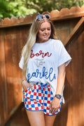 Sparkle graphic Fourth of July top, shown in one of three available colors