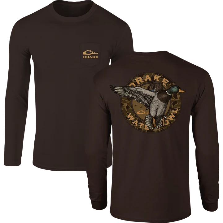 Drake Circle Mallard long sleeve tee in dark brown, front pocket logo and back mallard graphic
