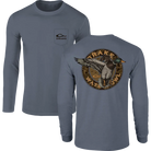 Drake Circle Mallard long sleeve tee in slate blue, front pocket logo and back mallard graphic