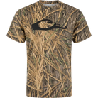 Drake men's camo graphic logo tee in Shadowgrass camo with black duck logo, front