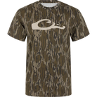 Drake men's camo graphic logo tee in Bottomland camo with tan duck logo, front
