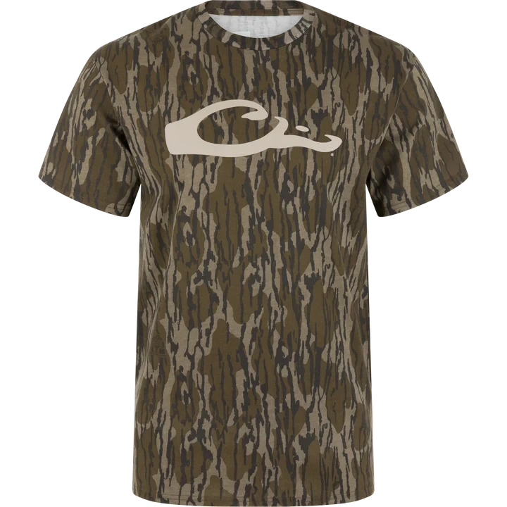 Drake men's camo graphic logo tee in Bottomland camo with tan duck logo, front