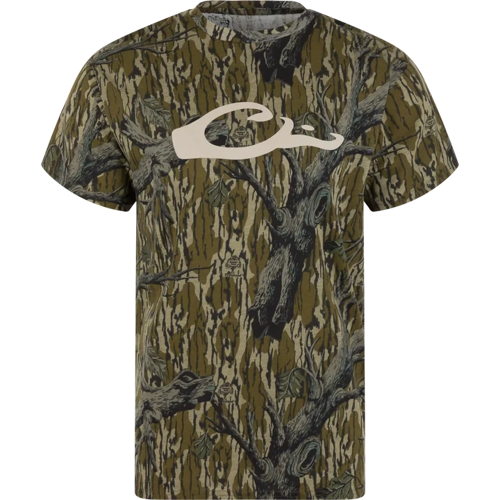 Drake men's camo graphic logo tee in Treestand camo with tan duck logo, front